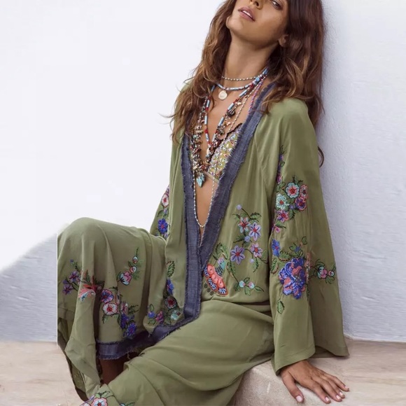 SOLD OUT Olive Floral Embroidered Cover Up Duster Kimono - Picture 2 of 10
